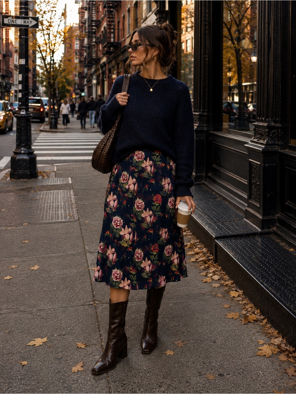 Catherine Malandrino Navy Floral Midi Skirt with Rose Print